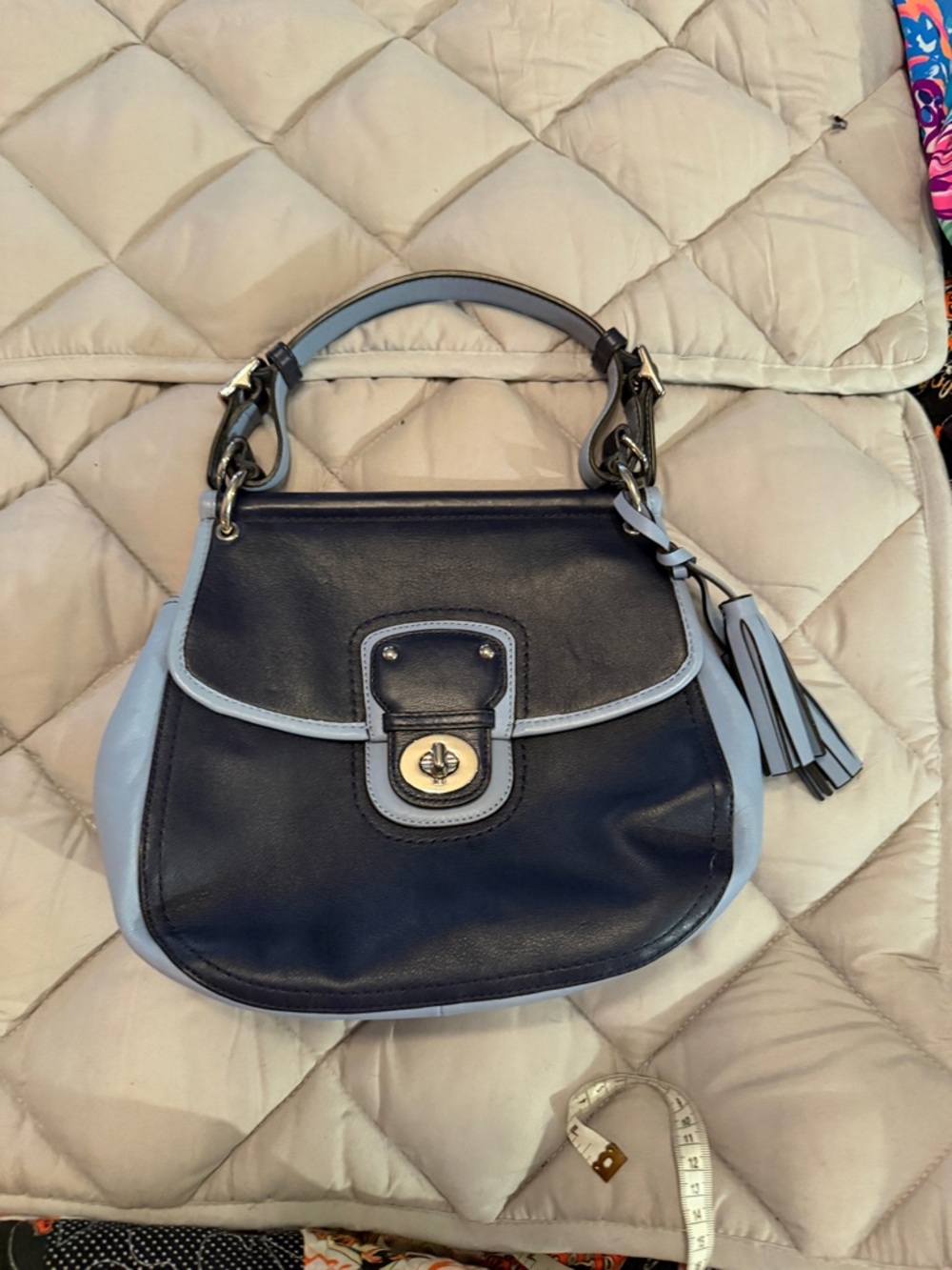 Authentic Coach Leather Two-Tone Navy and Light Blue Satchel Handbag